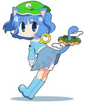  animal_ears ayu_(iyokanya) bad_id bad_pixiv_id blue_eyes blue_hair cat_ears cat_tail chibi doughnut food food_on_tail hat hyadain_no_joujou_yuujou kawashiro_nitori kemonomimi_mode looking_at_viewer nichijou parody simple_background smile solo tail touhou two_side_up white_background winding_key 