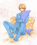  barefoot blonde_hair blue_eyes dolphin keith_goodman male_focus messy_hair pajamas pillow solo souma_(stippie) striped stuffed_animal stuffed_dolphin stuffed_toy tiger_&amp;_bunny vertical_stripes 