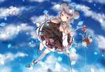  ahoge animal_ears basket black_skirt blush bow capelet cloud domotolain dowsing_rod dutch_angle from_above full_body grey_hair jewelry looking_at_viewer medium_skirt mouse mouse_ears nazrin necklace petticoat pink_eyes short_hair skirt skirt_set sky smile solo tail tail_bow touhou 