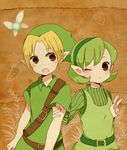  1girl ayu_(mog) bad_id bad_pixiv_id belt blonde_hair fairy green_hair green_hairband hairband kokiri link navi pointy_ears saria short_hair the_legend_of_zelda the_legend_of_zelda:_ocarina_of_time young_link 