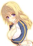  :o blonde_hair blush breast_hold breasts charlotte_dunois cleavage dutch_angle infinite_stratos jacket large_breasts long_hair looking_at_viewer purple_eyes solo tatami_to_hinoki track_jacket upper_body 