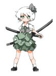  blush green_eyes green_skirt hair_ribbon hand_on_hilt katana konpaku_youmu kotatu_(akaki01aoki00) lace lace-trimmed_skirt miniskirt pleated_skirt ribbon short_hair silver_hair skirt skirt_set solo sword touhou weapon 