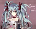  aqua_eyes aqua_hair dress facepaint hair_ribbon hatsune_miku karakuri_pierrot_(vocaloid) long_hair mask mask_removed ribbon setsu_(setu00ka) solo twintails vocaloid 