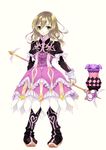  bad_id bad_pixiv_id boots bow brown_hair chisa_(misaaa) creature cropped_jacket dress elize_lutus frills full_body highres jewelry long_hair pendant purple_footwear ribbon staff tales_of_(series) tales_of_xillia teepo_(tales) yellow_eyes 