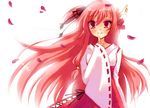  bad_id bad_pixiv_id bloom eva_smith finger_to_face flower hair_flower hair_ornament index_finger_raised japanese_clothes long_hair miko one_side_up original petals pink_eyes pink_hair red_eyes red_flower red_hair red_rose rose short_ponytail smile solo tassel wide_sleeves 