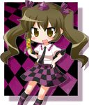  ayu_(iyokanya) bad_id bad_pixiv_id blush brown_eyes brown_hair cellphone checkered checkered_skirt chibi hair_ribbon hat himekaidou_hatate miniskirt necktie open_mouth phone purple_skirt ribbon short_hair skirt smile solo tokin_hat touhou twintails 