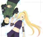  bare_shoulders black_hair blonde_hair blue_eyes earrings fishnets flak_jacket from_above hair_ornament hair_over_one_eye hairclip jewelry long_hair lying midriff nara_shikamaru naruto navel on_back ponytail smile teramoto teramoto_kei vest yamanaka_ino 