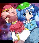  ayu_(iyokanya) bad_id bad_pixiv_id blue_eyes blue_hair chibi hair_bobbles hair_ornament hat kawashiro_mitori kawashiro_nitori layered_sleeves multiple_girls original pink_eyes pink_hair touhou 