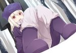  blush boots cccpo child fate/zero fate_(series) forest fur_hat hat illyasviel_von_einzbern looking_at_viewer nature open_mouth pink_eyes purple_footwear purple_hat scarf sitting snow solo tree white_hair white_scarf 