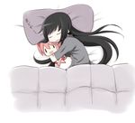  akemi_homura bow character_doll commentary_request doll doll_hug hair_bow kaname_madoka long_hair magical_girl mahou_shoujo_madoka_magica namacha pillow sleeping solo under_covers ||_|| 