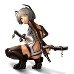  akubi_(fyfy) animal_ears bad_id bad_pixiv_id blue_eyes boots call_of_duty call_of_duty:_black_ops chain dark_skin fang from_behind grey_hair gun handgun katana looking_at_viewer looking_back multicolored multicolored_eyes nail_polish personification revolver scabbard sheath short_hair solo squatting sword thighhighs trigger_discipline unsheathing weapon yellow_eyes 