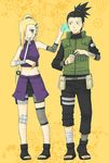  bandage bandages black_hair blonde_hair blue_eyes fishnets flak_jacket hair_ornament hair_over_one_eye hairclip long_hair midriff nara_shikamaru naruto standing teramoto teramoto_kei vest yamanaka_ino 