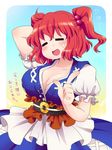  arm_behind_head belt blue_skirt blush breasts cleavage closed_eyes coin gesture hair_bobbles hair_ornament large_breasts medium_skirt onozuka_komachi open_mouth pentagon red_hair shirt skirt smile solo touhou translated two_side_up 