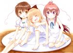  barefoot blush brown_eyes brown_hair closed_eyes colored_pencil_(medium) dress funami_yui happy long_hair marker_(medium) multiple_girls pink_hair ponytail purple_eyes ribbon short_hair sugiura_ayano toshinou_kyouko traditional_media watayuki wavy_mouth yuru_yuri 