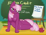  anthro anthrofied apple blush book breasts chalkboard cheerilee_(mlp) cutie_mark english_text equine female friendship_is_magic fruit fur green_eyes hair horse long_hair looking_at_viewer mammal multi-colored_hair my_little_pony navel nipples nude pink_fur pink_hair pony pussy pussy_juice solo tail teacher text tongue whitmaverick 