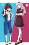  animal bad_feet black_hair blue_eyes capri_pants casual denim ganaha_hibiki hairband hamster hamuzou highres idolmaster idolmaster_(classic) jeans long_hair multiple_girls pants pantyhose purea red_eyes sandals shijou_takane silver_hair strap_slip waving white_legwear 