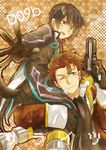  alvin_(tales) animal_ears bachi_(bachoo) bad_id bad_pixiv_id black_hair brown_eyes brown_hair carrying collar gloves gun jude_mathis male_focus multiple_boys one_eye_closed scarf sitting_on_shoulder smile tail tales_of_(series) tales_of_xillia weapon 