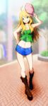  adjusting_clothes adjusting_hat ahoge blonde_hair boots breasts brick cleavage denim denim_shorts green_eyes grin hand_on_hip hat highres hoshii_miki idolmaster idolmaster_(classic) long_hair midriff open_fly shorts small_breasts smile solo spaghetti_strap tank_top tree unzipped yuuki1103 