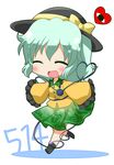  ayu_(iyokanya) bad_id bad_pixiv_id blush bow chibi closed_eyes eyeball green_hair green_skirt hat heart komeiji_koishi medium_skirt open_mouth print_skirt skirt smile solo striped striped_skirt third_eye touhou 