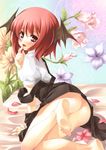  alternate_hair_length alternate_hairstyle arm_support ass bare_legs barefoot bat_wings blush bob_cut come_hither feet finger_to_mouth floral_background flower hands head_wings koakuma looking_at_viewer looking_back no_panties petals red_eyes red_hair short_hair soles solo strap_slip tilm toes touhou wings 