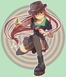  bad_id bad_pixiv_id boots darts glasses hat kaeru_(kaerism) legs long_hair original red_eyes red_hair skirt smile solo thighhighs 