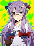  :&lt; alternate_costume alternate_hairstyle arms_behind_back bad_id bad_pixiv_id bespectacled book contemporary crescent crescent_hair_ornament glasses hair_ornament long_hair no_hat no_headwear patchouli_knowledge purple_eyes purple_hair solo touhou waiko 