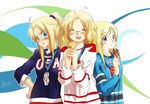  3girls :t ahoge america_(hetalia) axis_powers_hetalia blonde_hair blue_eyes canada_(hetalia) closed_eyes clothes_writing finland_(hetalia) genderswap genderswap_(mtf) glasses hand_on_hip jersey long_hair medal multiple_girls olympics piggy_ho_ho ponytail purple_eyes 