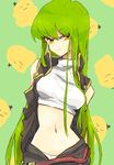  bare_shoulders c.c. cheese-kun code_geass green_hair long_hair midriff mokeo navel open_clothes open_shirt pizza_hut shirt sleeveless sleeveless_turtleneck smile solo turtleneck undressing unzipped very_long_hair yellow_eyes 