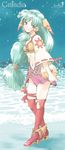  character_name copyright_name feena_(grandia) grandia grandia_i green_hair hair_ornament iro_(waterloafer) long_hair low-tied_long_hair midriff smile solo very_long_hair 