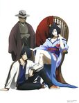  2boys absurdres artbook black_hair closed_eyes crossed_arms crossed_legs hair_over_one_eye hat highres hone_onna ichimoku_ren japanese_clothes jigoku_shoujo multiple_boys scan sitting wanyuudo yamada_makoto 