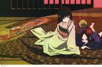  absurdres artbook ball barefoot black_hair enma_ai flower hair_ornament highres japanese_clothes jigoku_shoujo kikuri long_hair lying multiple_girls oka_mariko on_stomach purple_eyes red_eyes sitting yokozuwari 