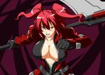  :d blazblue breasts cleavage cosplay hair_bobbles hair_ornament huge_breasts onozuka_komachi open_clothes open_mouth open_shirt pink_eyes ragna_the_bloodedge ragna_the_bloodedge_(cosplay) red_hair scythe shirt shouji_nigou smile solo touhou 