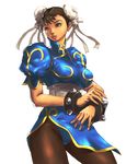  bad_id bad_pixiv_id brown_eyes brown_hair bun_cover china_dress chinese_clothes chun-li dress pantyhose pelvic_curtain sash short_hair solo street_fighter ttchi 