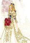  bad_id bad_pixiv_id blonde_hair bouquet breasts celes_chere cleavage closed_eyes dress final_fantasy final_fantasy_vi flower hair_ornament hair_ribbon jewelry lipstick long_hair makeup medium_breasts necklace ponytail ribbon rose sakizou solo standing traditional_media watercolor_(medium) 