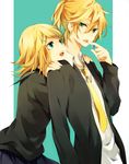  1girl aqua_eyes blonde_hair brother_and_sister candy food hair_ornament hairclip kagamine_len kagamine_rin lollipop necktie school_uniform short_hair siblings skirt twins vocaloid yellow_neckwear yuzuki_karu 