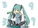  aqua_eyes aqua_hair bad_id bad_pixiv_id detached_sleeves eating hadaarennjared hatsune_miku long_hair mikupa simple_background sitting skirt solo spring_onion thighhighs twintails vocaloid 