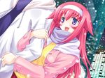  1boy 1girl :d arm_hug blue_eyes game_cg kamina_sana mutsumi_masato open_mouth pink_hair shimaima. smile snow yuuki_asuma 