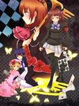  armband bad_id bad_pixiv_id black_legwear blonde_hair blue_eyes blue_hair board_game book bow breasts bug butterfly card cat_tail checkered checkered_floor chess chess_piece crown dress elbow_gloves falling_card flower frederica_bernkastel gloves hair_bobbles hair_bow hair_ornament hairclip hat insect key lambdadelta long_hair maria_(umineko) medium_breasts multiple_girls orange_hair pink_hat pleated_skirt purple_eyes red_eyes red_hair rose sash skirt staff tail thighhighs umineko_no_naku_koro_ni ushiromiya_ange zettai_ryouiki 