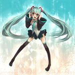  :d aqua_eyes aqua_hair bad_id bad_pixiv_id czc_(deko) detached_sleeves hand_on_ear hatsune_miku headphones legs long_hair necktie open_mouth skirt smile solo thighhighs twintails very_long_hair vocaloid zettai_ryouiki 