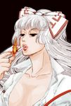  bow breasts cigarette covered_nipples fire fujiwara_no_mokou hair_bow hime_cut lips long_hair nose open_clothes open_shirt realistic red_eyes ribbon shirt small_breasts smoking solo suspenders tadashi touhou white_hair 