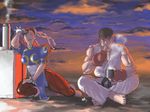  1girl banana barefoot black_hair bracelet bun_cover china_dress chinese_clothes chun-li double_bun dougi dress earrings eating food fruit indian_style jewelry muscle pantyhose pelvic_curtain puffy_sleeves ryuu_(street_fighter) sash sitting spiked_bracelet spikes street_fighter thermos thick_thighs thighs wakino_keibun 