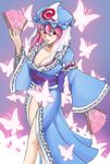  absurdres amamiya_akito breasts bug butterfly cleavage dual_wielding fan folding_fan hat highres holding insect large_breasts pink_hair red_eyes saigyouji_yuyuko short_hair solo touhou 