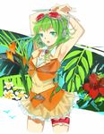  1girl armpits arms_behind_head bare_shoulders belt flower frills goggles goggles_on_head green_eyes green_hair gumi headset leaf leg_garter open_mouth plant shirt short_hair skirt sleeveless sleeveless_shirt solo vocaloid wrist_cuffs 