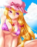  bikini blonde_hair bow hair_bow hat long_hair nagare navel purple_eyes solo swimsuit touhou yakumo_yukari 