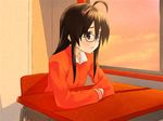  ahoge black_hair desk glasses izumi_konata kurokona long_hair lucky_star reki_(tiny_fin) solo sunset 