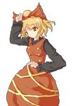  alphes_(style) blonde_hair bow hair_bow hair_ornament kurodani_yamame mozya parody ribbon smile solo style_parody touhou yellow_eyes 