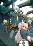  2girls anna_laemmle aqua_hair atelier_(series) blonde_hair blue_eyes flay_gunnar green_eyes hat highres mana_khemia mana_khemia_(series) multiple_boys multiple_girls official_art philomel_hartung pink_hair red_hat roxis_rosenkranz silver_hair twintails two_side_up vayne_aurelius yoshizumi_kazuyuki 