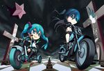  black_rock_shooter black_rock_shooter_(character) chain checkered checkered_floor chibi chiita_(0420) cross ground_vehicle hatsune_miku long_hair lowres motor_vehicle motorcycle multiple_girls reflection skull spring_onion star tricycle vanishing_point vocaloid 