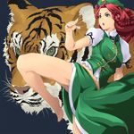  barefoot blue_eyes braid chinese_clothes feet fighting_stance hands hat hong_meiling kicking long_hair mikanbako red_hair solo tiger touhou twin_braids 