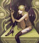  1girl bikini blonde_hair blue_eyes boots breasts commentary_request consent_(oituku) demon_girl highres horns hugging_own_legs long_hair medium_breasts night night_sky original photoshop_(medium) sideboob sky smoking_pipe solo swimsuit thighhighs wings 